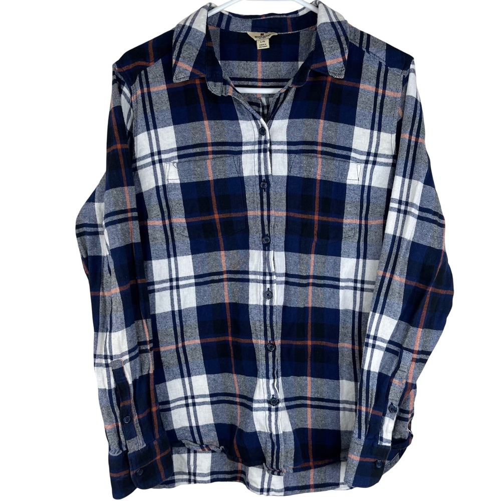 Woolrich Plaid Flannel Shirt Womens Large L Blue White Cotton Button Up HL70669S